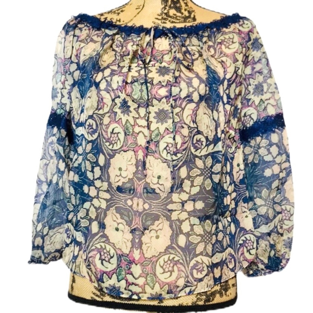 Foxiedox Sheer Floral Lace 3/4 Sleeve Blouse S